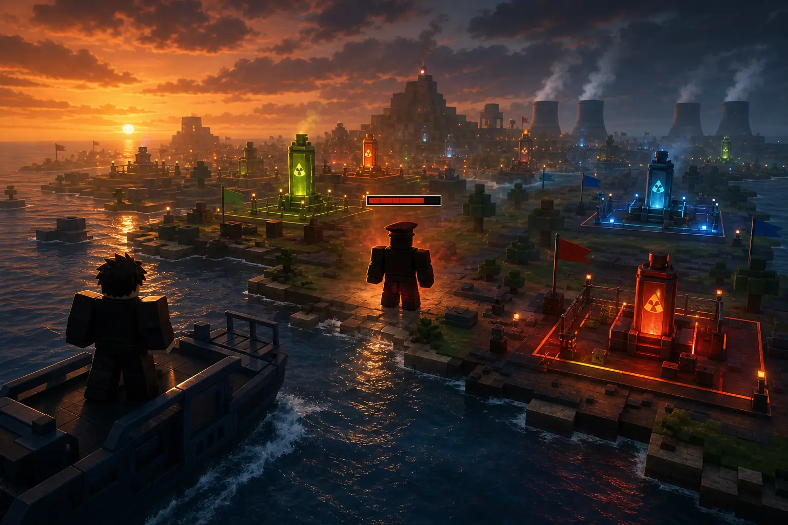 Atmospheric Merge a Nuke map with glowing silos and a contested commander spawn near the shore