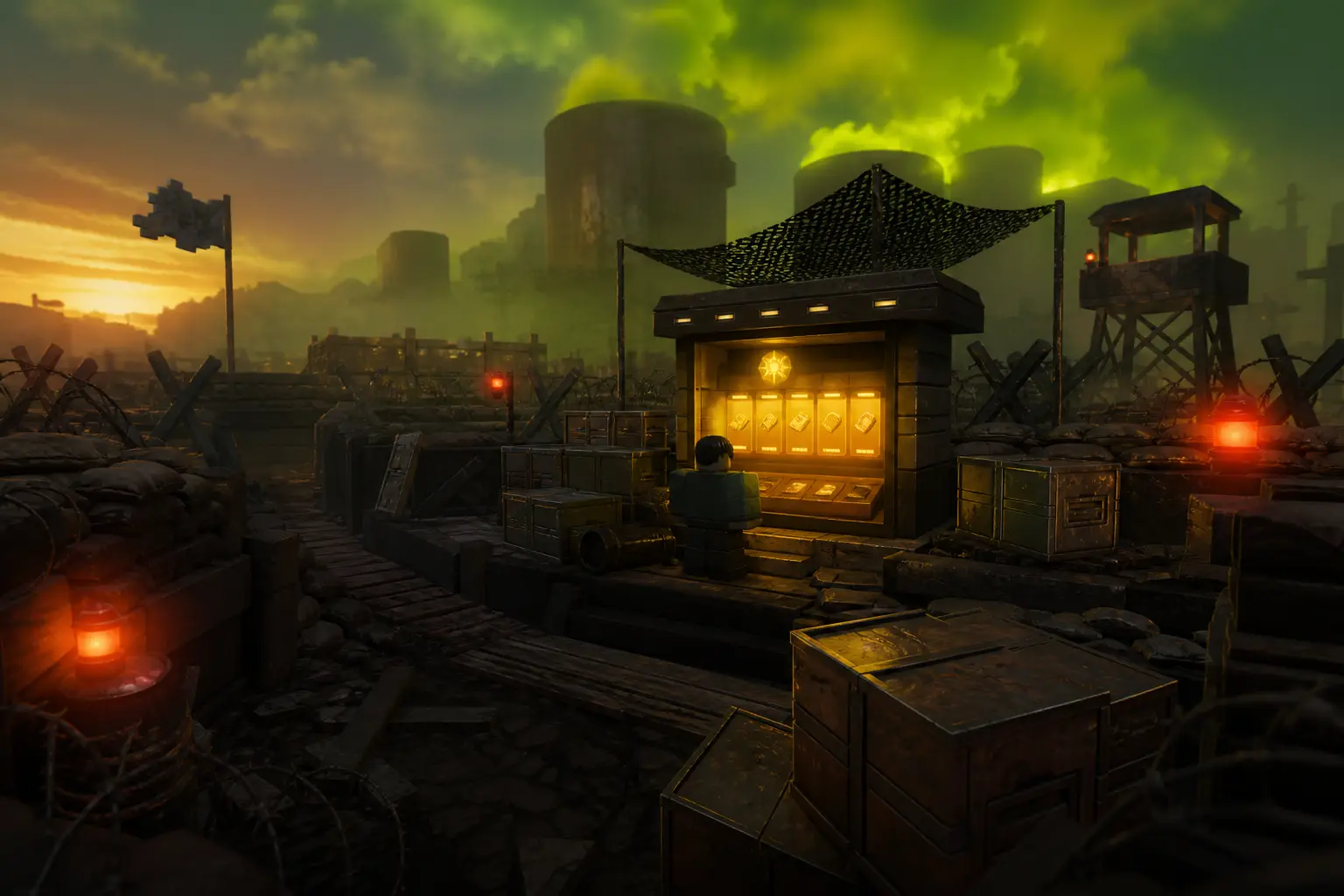 Atmospheric trench and glowing season kiosk in toxic haze — Fallout Season mood art