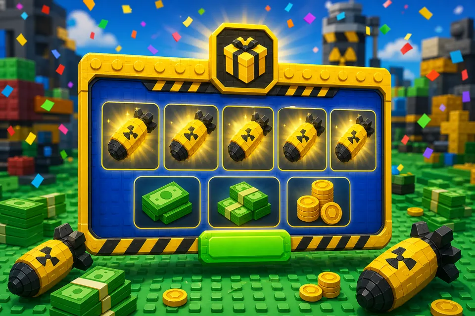 Roblox-style illustration of code rewards with cash, coins, and small yellow studded nukes