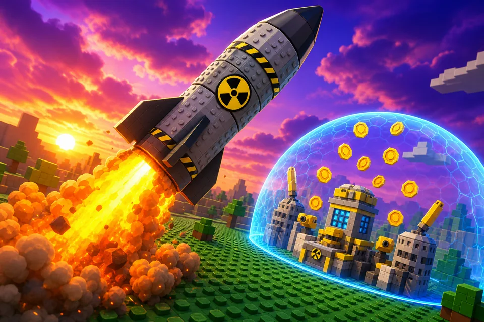 Roblox-style illustration of a studded nuke launching with a protective shield over the base