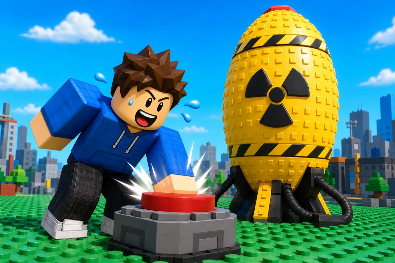 Roblox-style illustration of a blocky avatar pressing the red launch button next to a giant yellow nuke